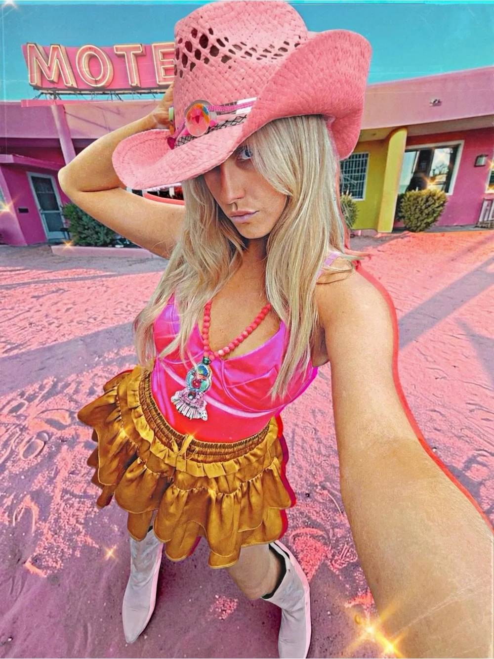 Pink Straw Cowboy Hat with Decorative Band